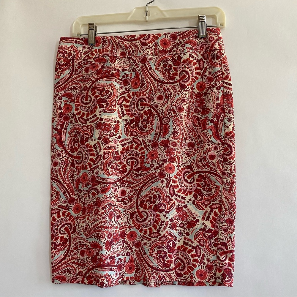 Loft red and light blue paisley midi skirt size 6